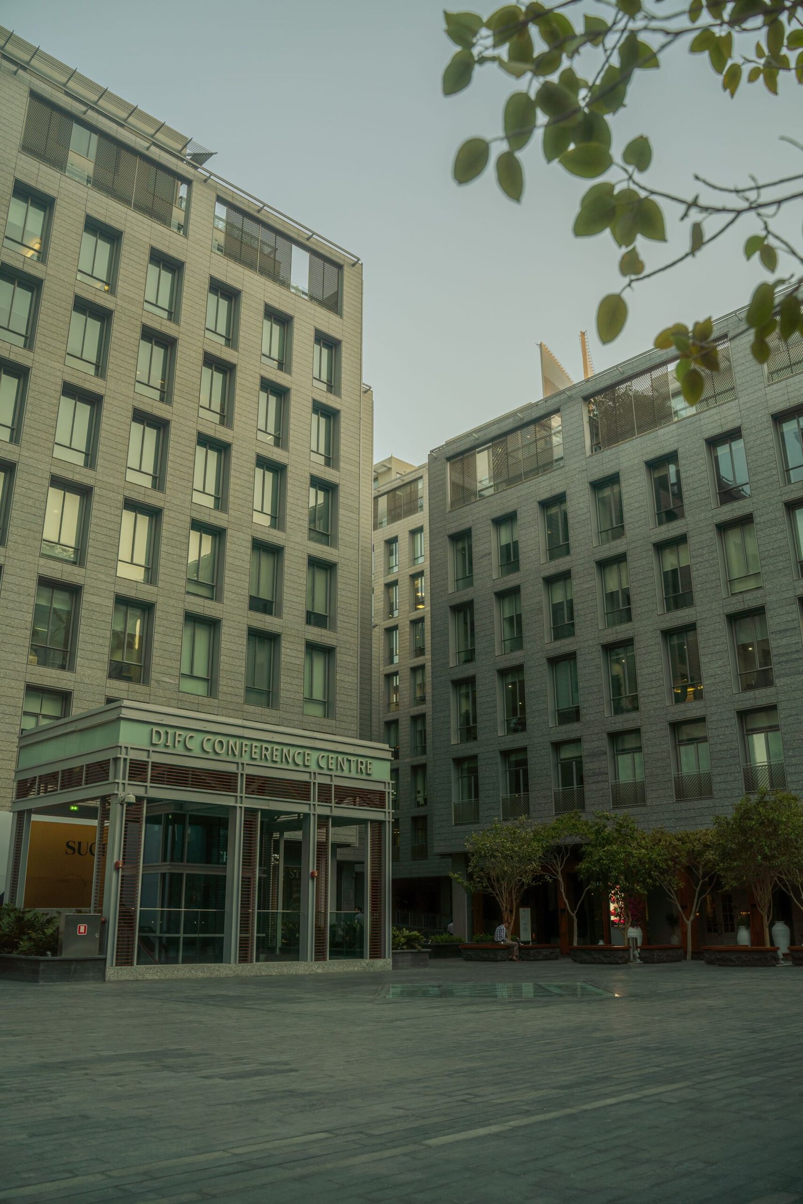 The stone facade of the Gate Village in the Dubai International Financial Centre